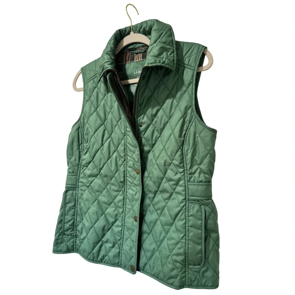 L.L.Bean‎ Quilted Vest Women Small Green Excellent Plaid Lined Corduroy Trim